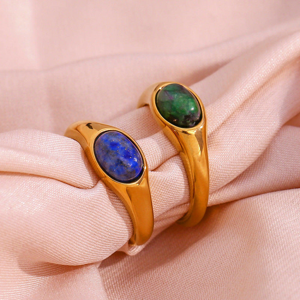 Elegant oval natural stone ring gold plated 18K stainless steel jewelry