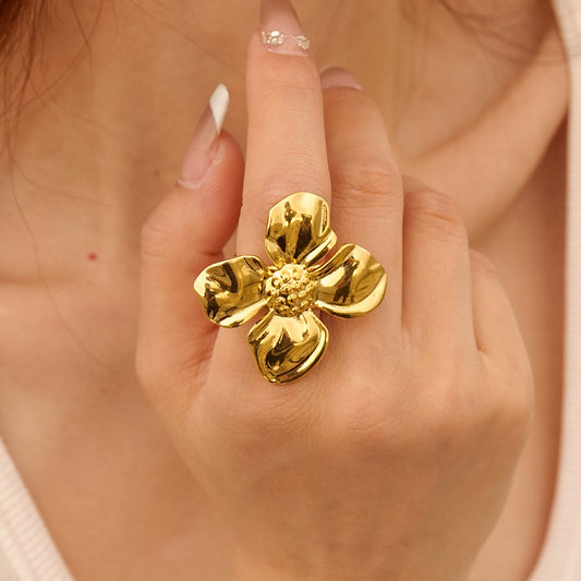 Close-up of 18K Gold Plated Floral Open Ring with intricate floral design