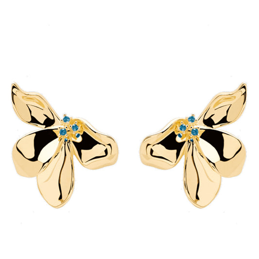 Close-up of Stainless Steel 18K Gold Plated Blue Zircon Butterfly Stud Earrings