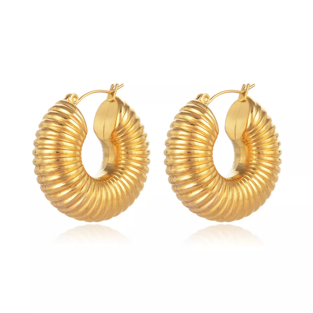 Bold and glamorous, our Gold-Plated Stainless Steel Chunky Hoop Earrings redefine modern elegance for a chic and sophisticated look.