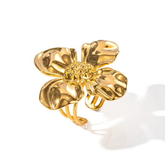 Close-up of 18K Gold Plated Floral Open Ring with intricate floral design