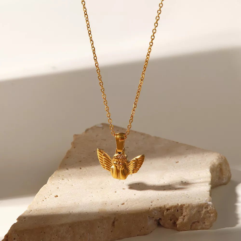 Durable gold plated angel emblem necklace celestial design
