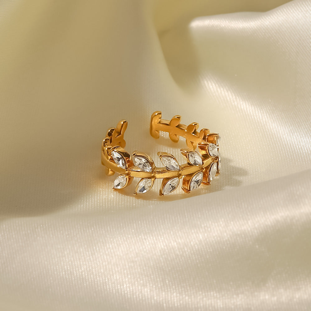 Women’s fashion jewelry leaf-shaped stainless steel zircon ring