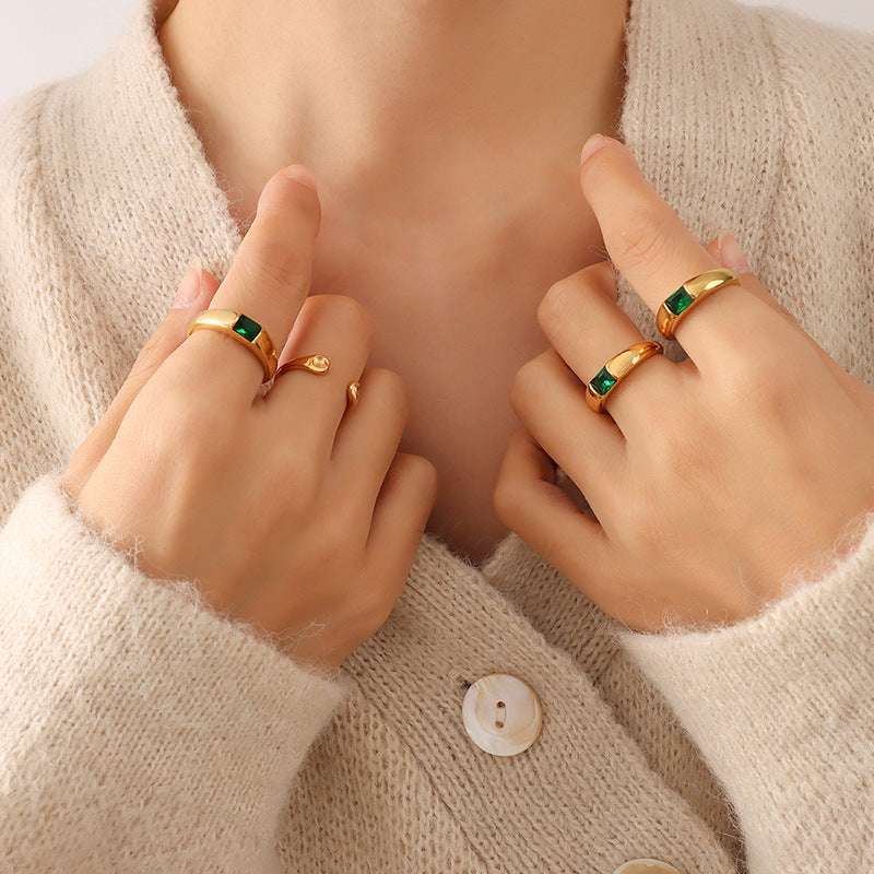 French green zirconia ring in stainless steel 18K gold plated for women