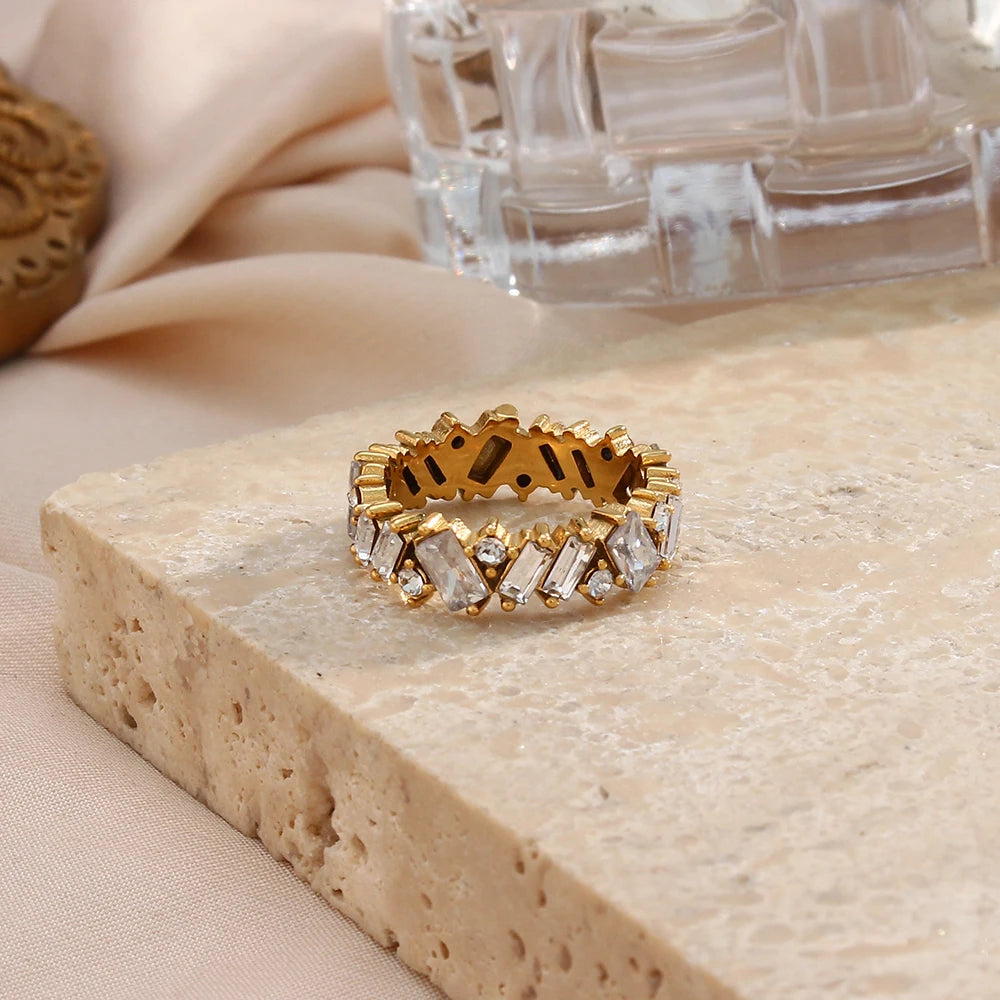Timeless bridal gemstone ring with white baguette stones geometric