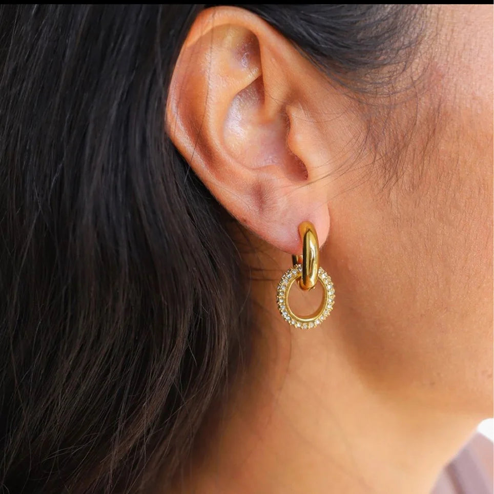 Elegant Pearl & Zircon Square Drop Earring 18K Gold Plated Stainless Steel Hoop Earrings For Women