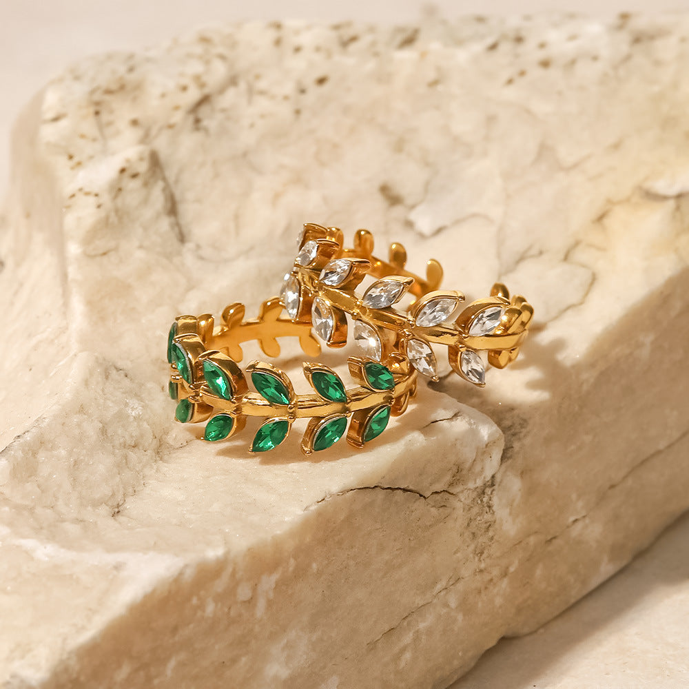Elegant women’s leaf ring stainless steel with zircon stones