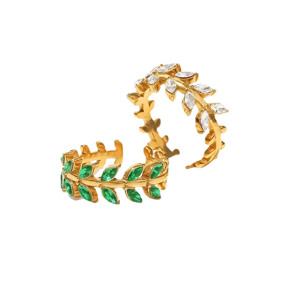 Stainless steel leaf shaped ring with green or white zircon