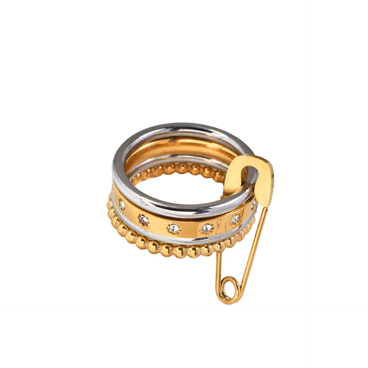 Three-layer gold plated stainless steel pin ring for women, stackable, trendy and hypoallergenic jewelry