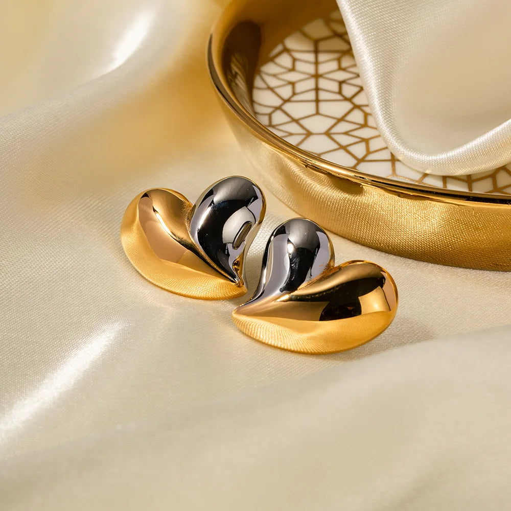 Romantic pleated love heart stud earrings gold plated finish