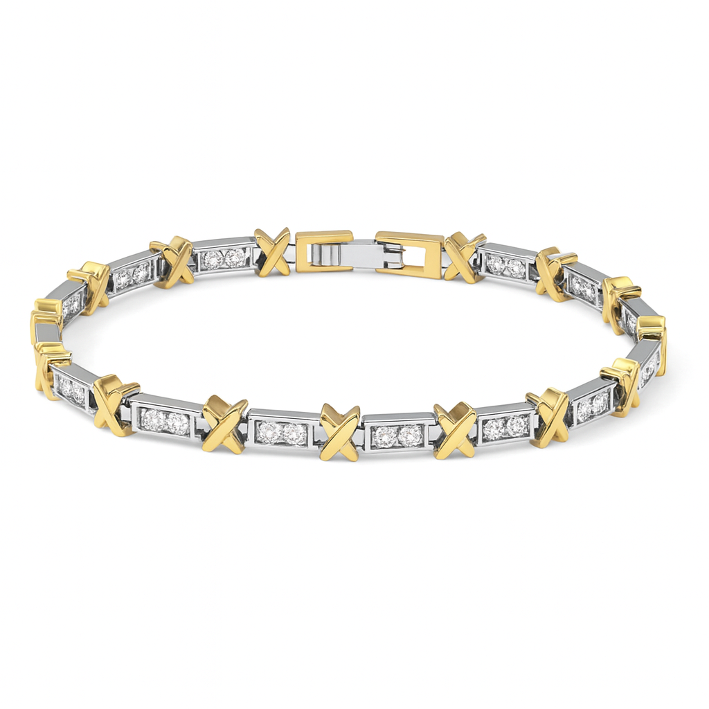 Two-tone gold and silver bracelet with diamond accents on a white background