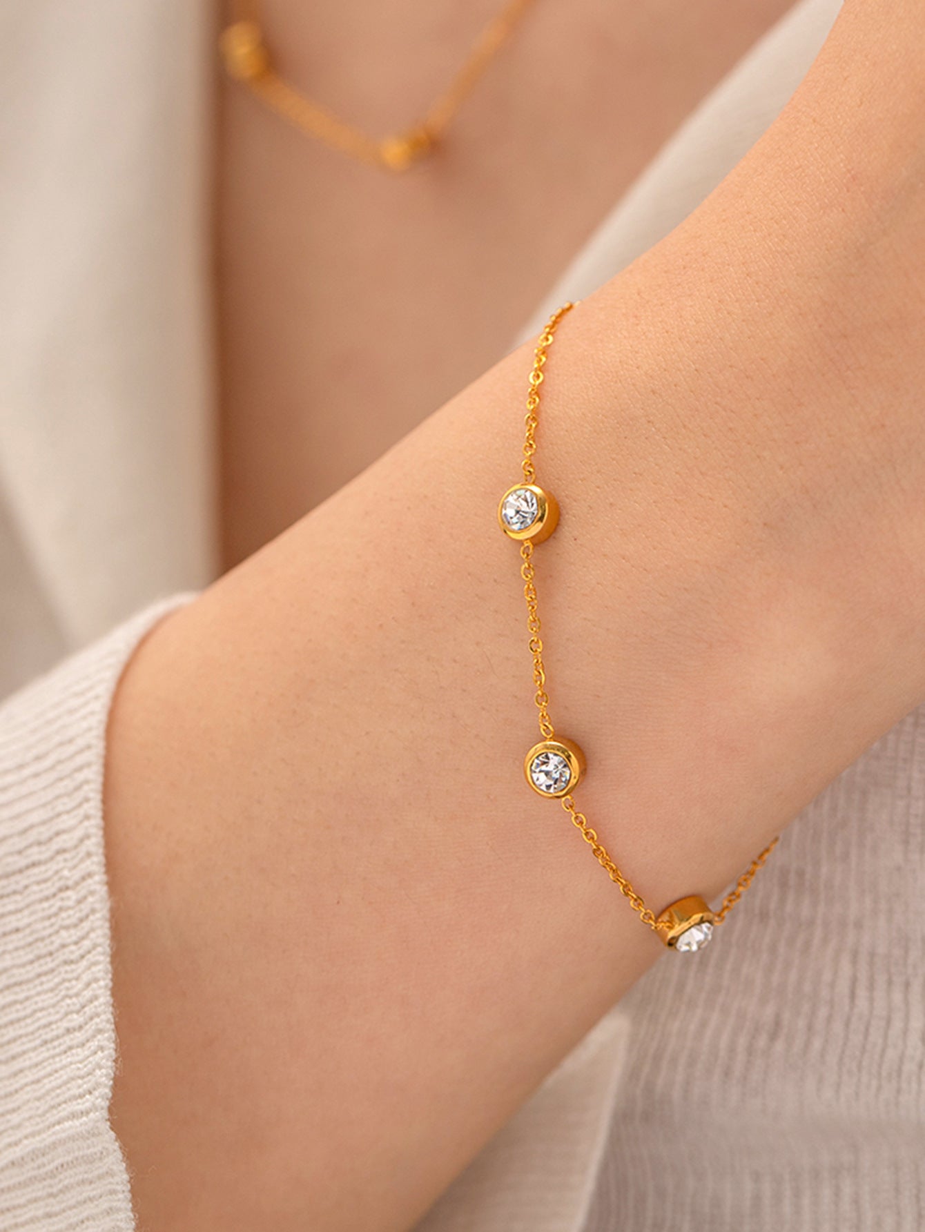 Dazzling 18K Gold Plated Round Zircon Stainless Steel Bracelet - a timeless accessory for refined style and sophistication