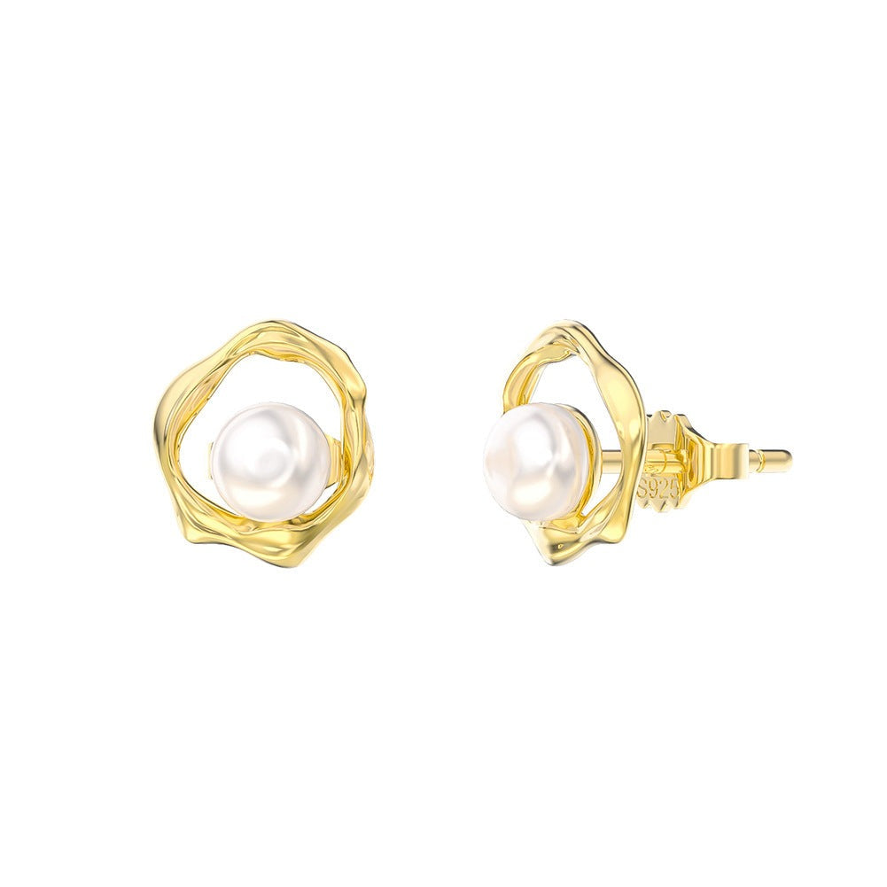 Close-up view of Sterling Silver Freshwater Pearl Ear Studs, showcasing timeless elegance with lustrous pearls set in sterling silver.