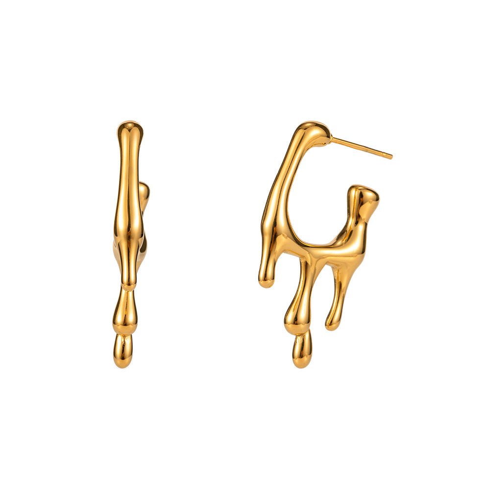 Close-up view of Popular 18K Gold Stainless Steel Liquid Gold Earrings, showcasing a fluid and opulent design for a timeless and sophisticated look.