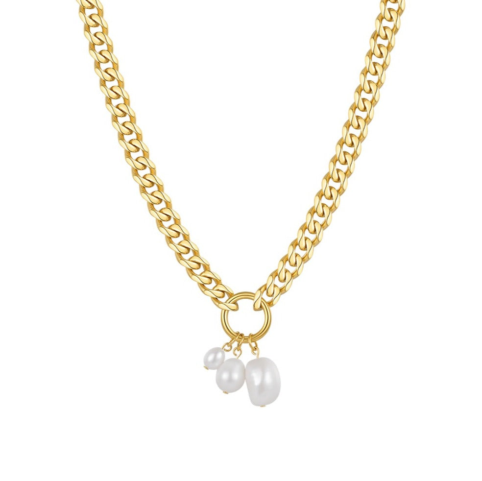 Captivating 18K Gold-Plated Stainless Steel Pearl Necklace - Hypoallergenic Chic Jewelry for Effortless Style