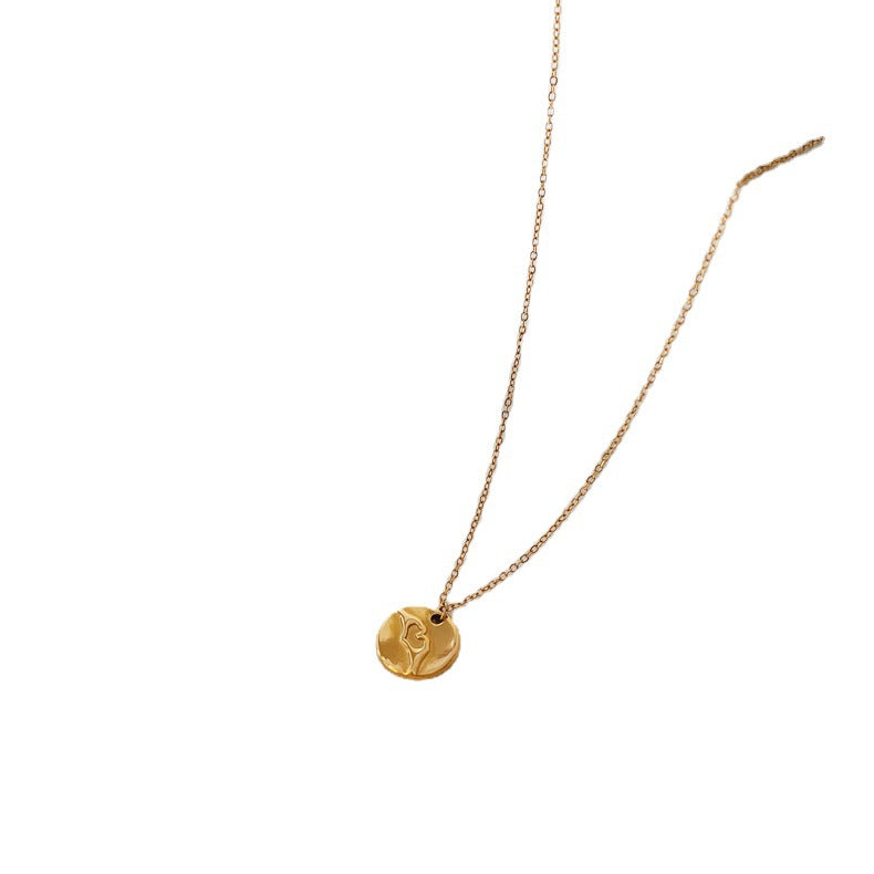 Gold-plated stainless steel round medal pendant necklace symbolizing unity and grace, a timeless accessory for elevated style.