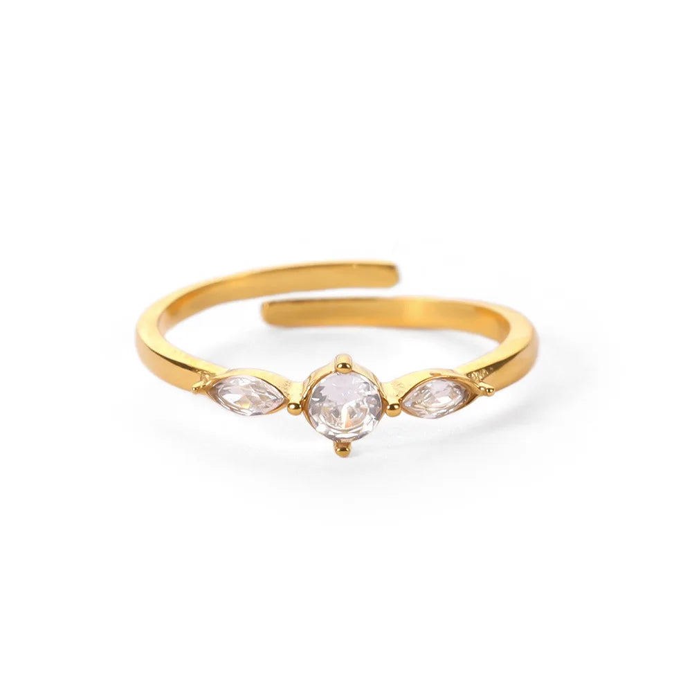 Captivating 18K Gold Plated White Diamond Zircon Ring with Open Design in Stainless Steel – a blend of timeless elegance and modern allure.