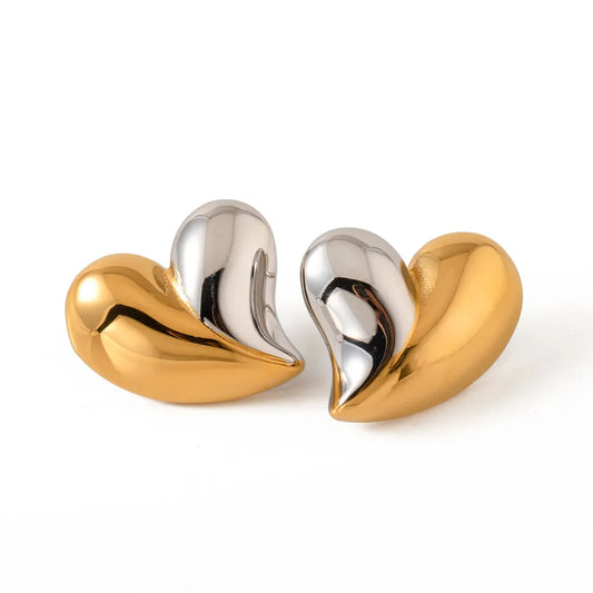 18K gold plated stainless steel love heart stud earrings pleated design
