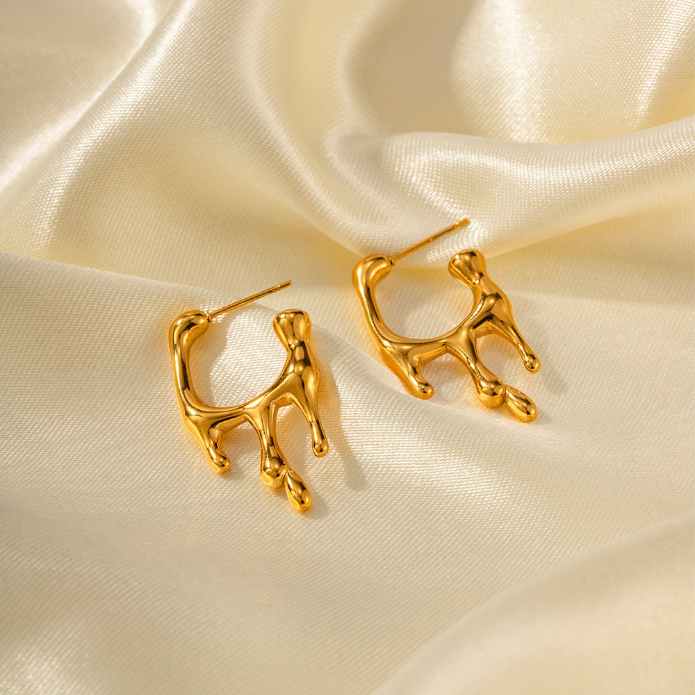 Close-up view of Popular 18K Gold Stainless Steel Liquid Gold Earrings, showcasing a fluid and opulent design for a timeless and sophisticated look.