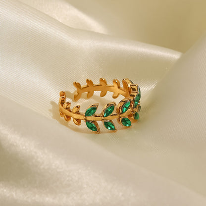 Stainless Steel Leaf-shaped Ring showcasing intricate white or green Zircon inlay, a sophisticated and nature-inspired accessory for any occasion.