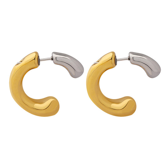 Stainless steel C-shaped earrings with a contemporary two-tone splicing design, blending style and durability for a versatile and elegant accessory