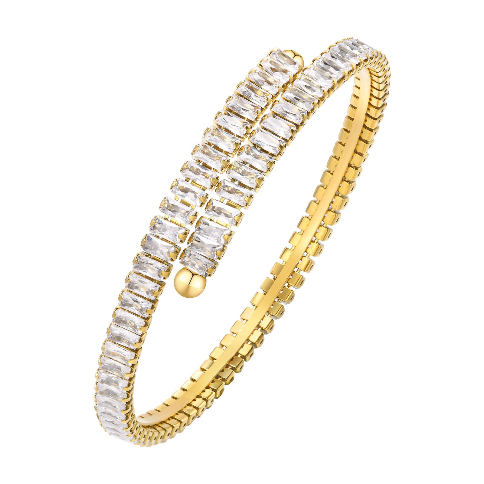 Shiny Crystal Open Bangles: Gold-color stainless steel bands adorned with sparkling crystals, a perfect blend of elegance and spirituality for every occasion.