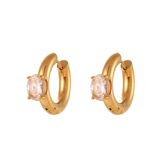 Close-up view of Stainless Steel Thick Oval Zircon Earrings, showcasing an elegant 18K gold-plated circle hoop design for a radiant and sophisticated accessory.