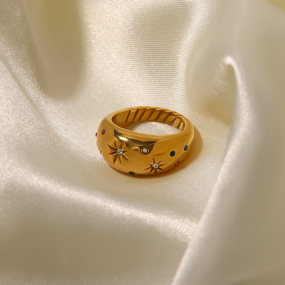 Minimalist gold dome band ring for women, crafted from durable stainless steel, offering timeless elegance.