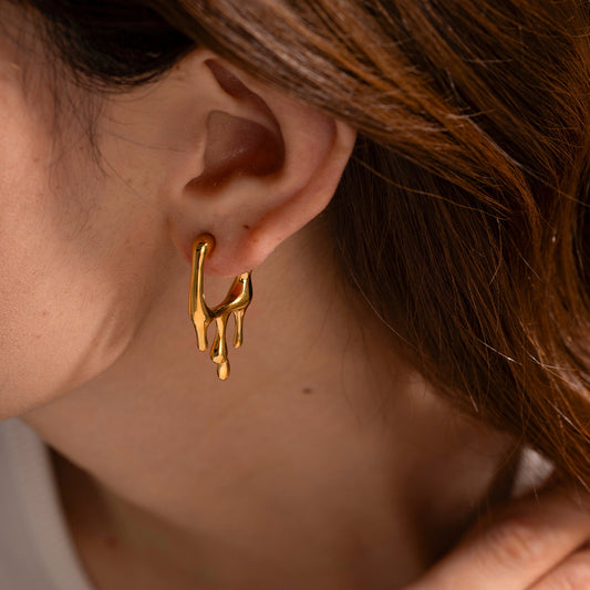 Close-up view of Popular 18K Gold Stainless Steel Liquid Gold Earrings, showcasing a fluid and opulent design for a timeless and sophisticated look.