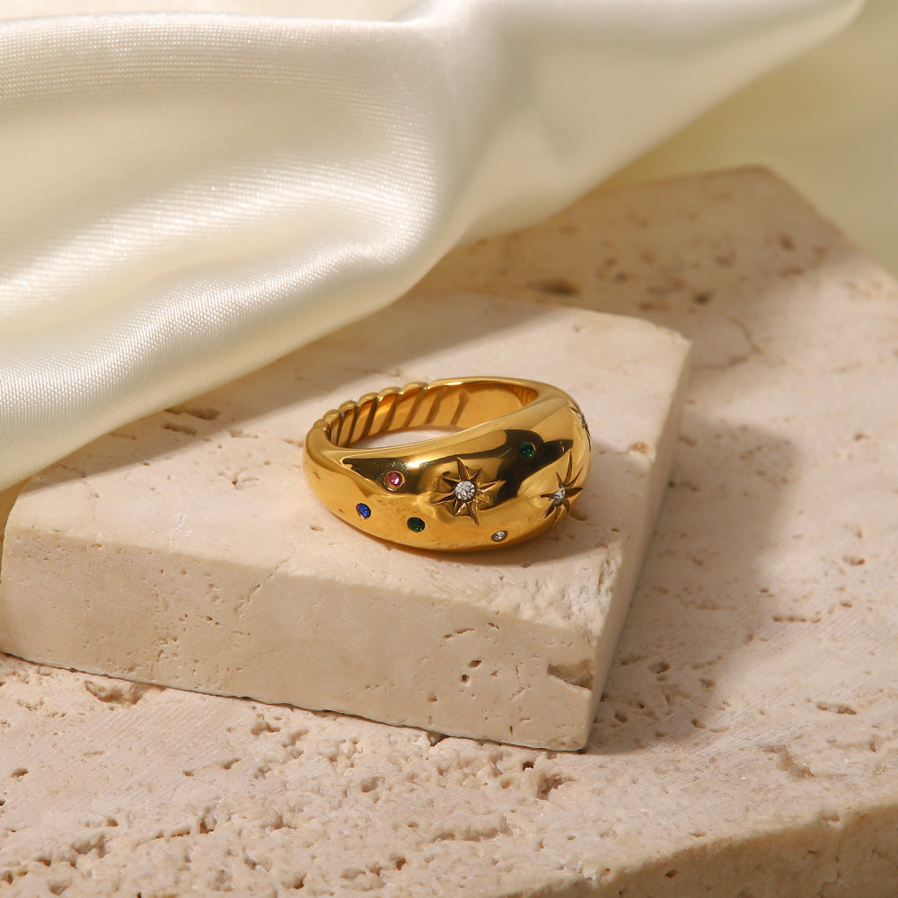 Minimalist gold dome band ring for women, crafted from durable stainless steel, offering timeless elegance.