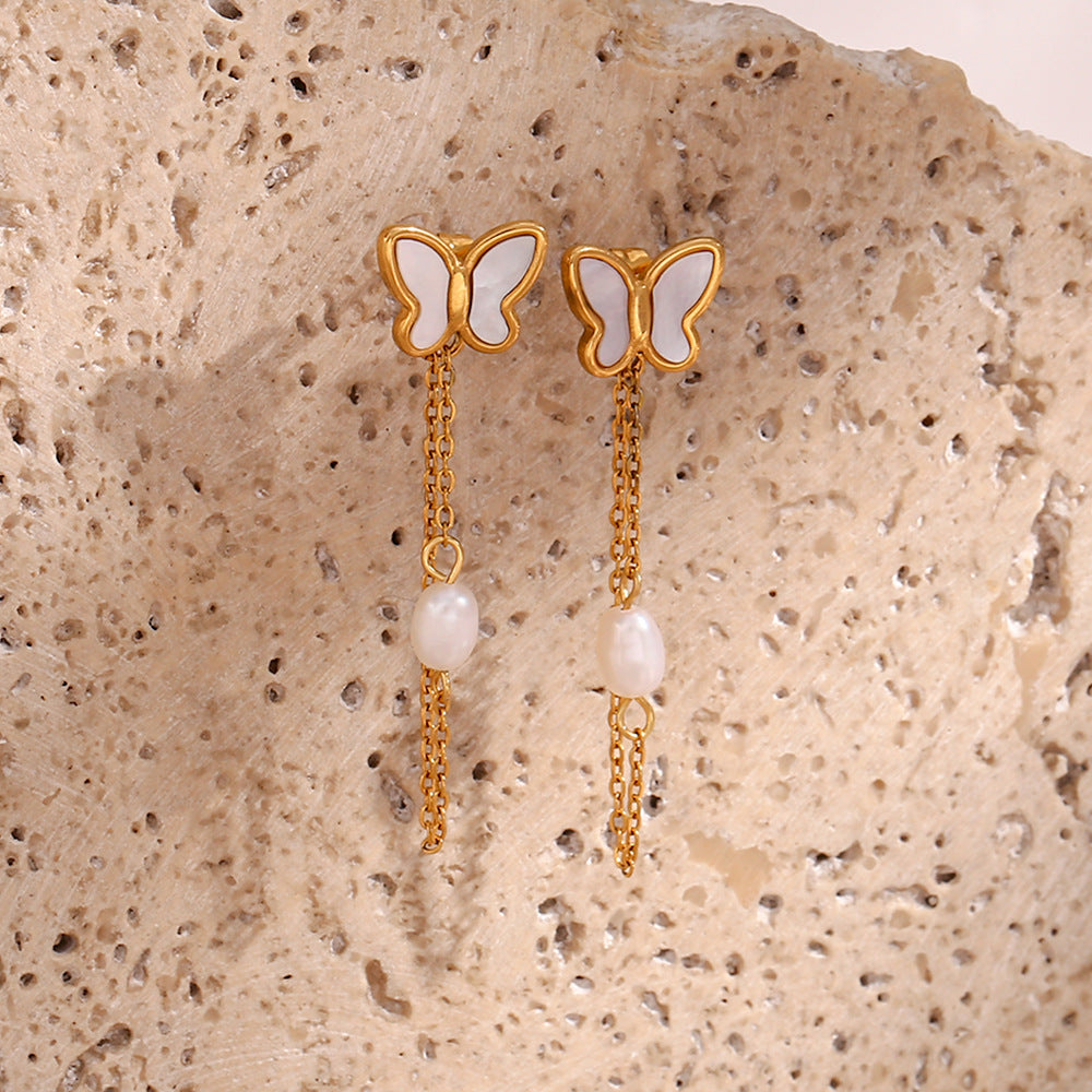 Chic and elegant Butterfly Tassel Earrings featuring Freshwater Pearl and 18K Gold Plating – a perfect blend of modern style and timeless sophistication for women.