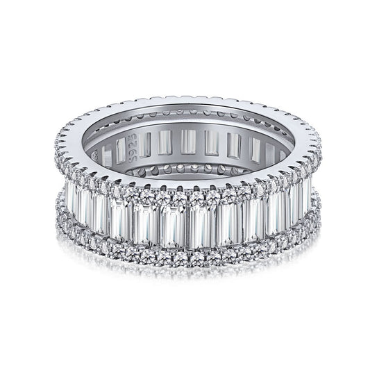 Close-up view of the exquisite S925 Silver Baguette Eternity Ring, rhodium-plated for lasting brilliance and timeless elegance.