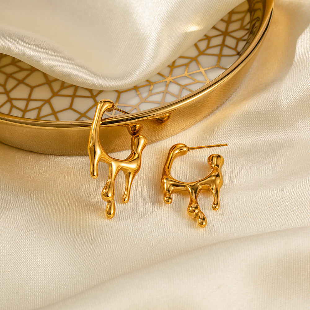 Close-up view of Popular 18K Gold Stainless Steel Liquid Gold Earrings, showcasing a fluid and opulent design for a timeless and sophisticated look.