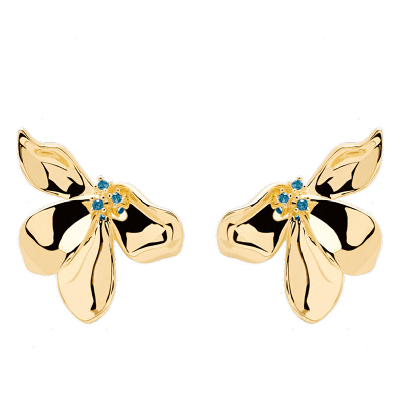 Close-up of Stainless Steel 18K Gold Plated Blue Zircon Butterfly Stud Earrings