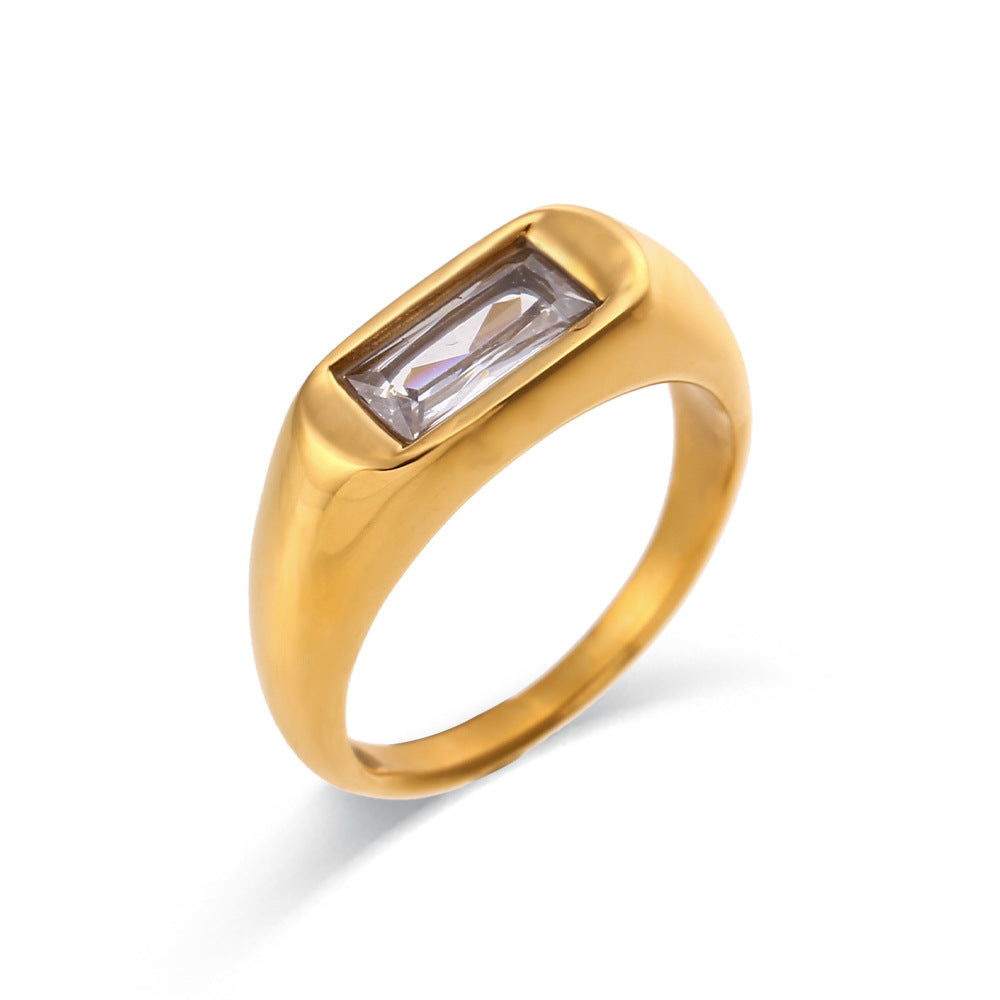 Stainless steel rectangular zircon ring featuring a sleek design and sparkling gemstone, a perfect blend of modern sophistication and timeless style