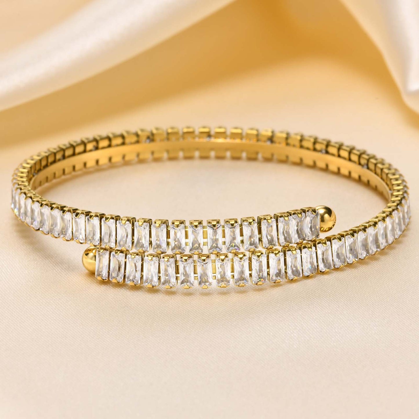 Shiny Crystal Open Bangles: Gold-color stainless steel bands adorned with sparkling crystals, a perfect blend of elegance and spirituality for every occasion.