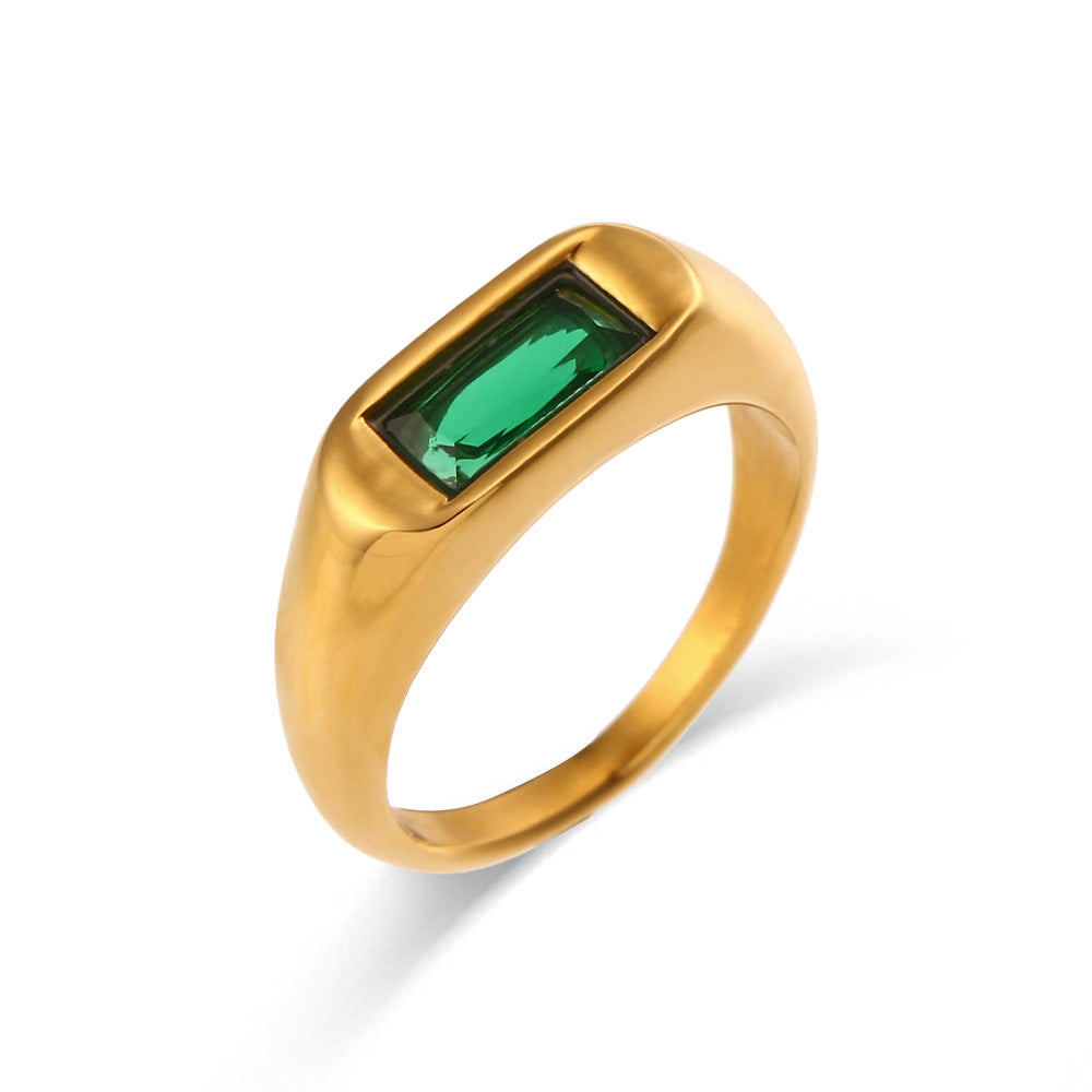 Stainless steel rectangular zircon ring featuring a sleek design and sparkling gemstone, a perfect blend of modern sophistication and timeless style