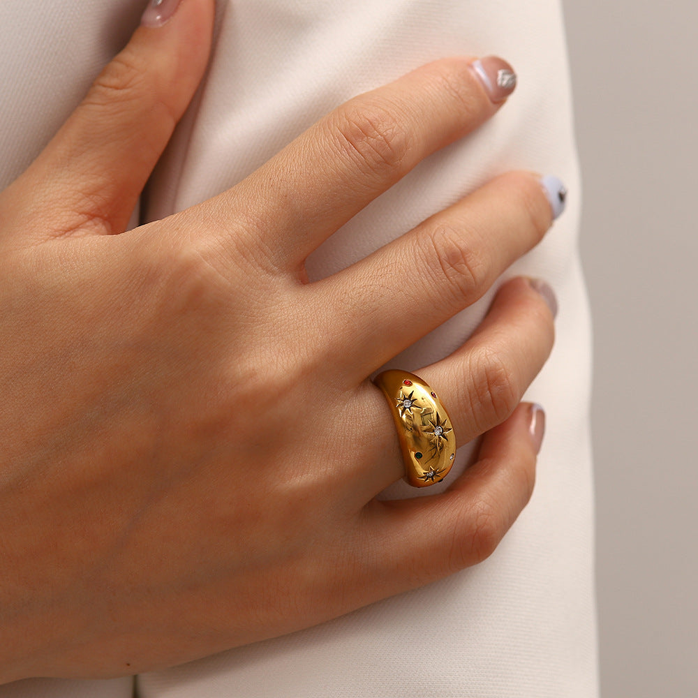 Minimalist gold dome band ring for women, crafted from durable stainless steel, offering timeless elegance.