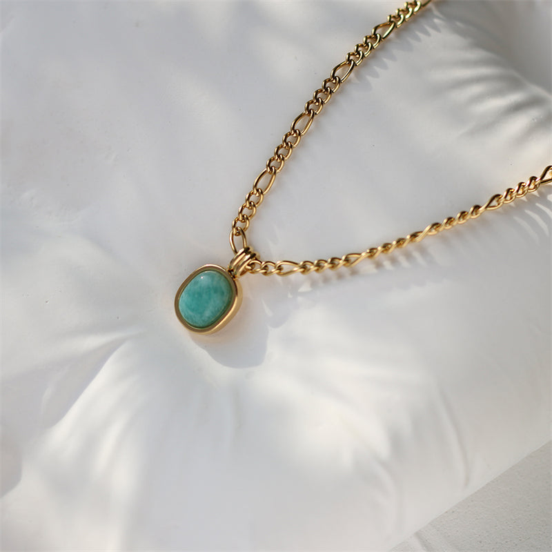 French Light Luxury Gold Plated Titanium Steel Necklace For Women Natural Amazonite Pendant Clavicle Chain Party Jewelry