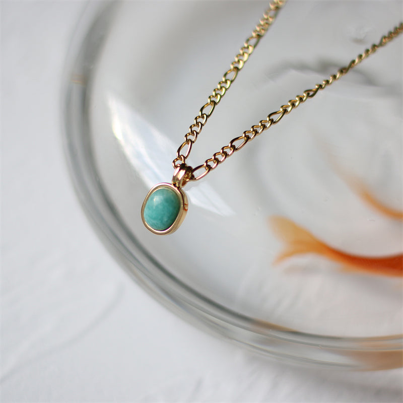 French Light Luxury Gold Plated Titanium Steel Necklace For Women Natural Amazonite Pendant Clavicle Chain Party Jewelry