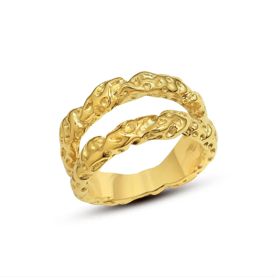 Double Layer Hammered Tin Foil Ring with Tail Design - Gold Jewelry