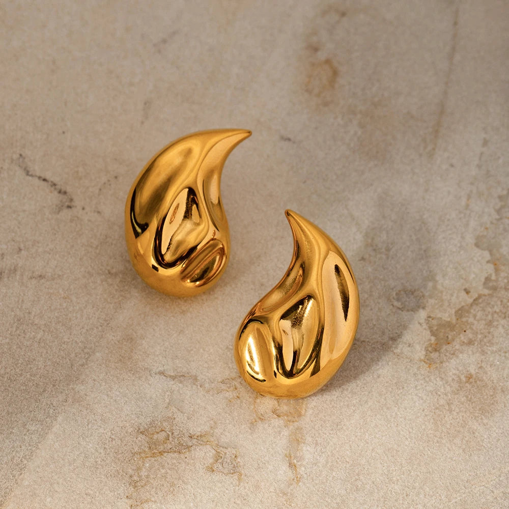 Stainless Steel Drop Earrings in Waterproof Gold Finish - Stylish and Hypoallergenic Metal Texture Jewelry