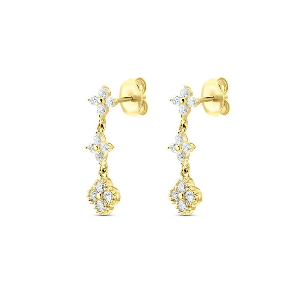 Elegant 18K yellow gold flower drop earrings crafted from sterling silver, a perfect blend of sophistication and femininity.