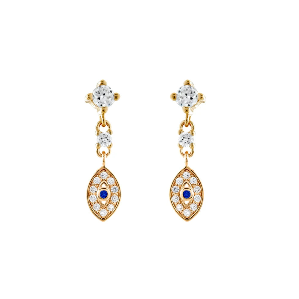 Sterling silver evil eye drop earrings with captivating blue zircon and sparkling clear crystals, a stylish blend of elegance and spiritual charm for women