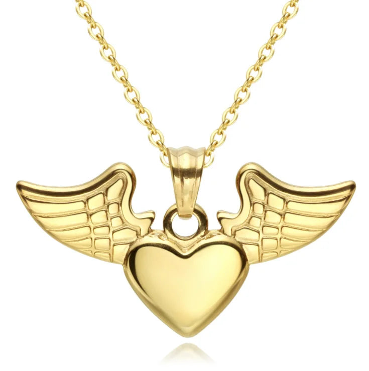 Chic Heart Shape With Wings Necklace: A fusion of stainless steel and gold-plated elegance, perfect for adding a touch of grace to your ensemble.