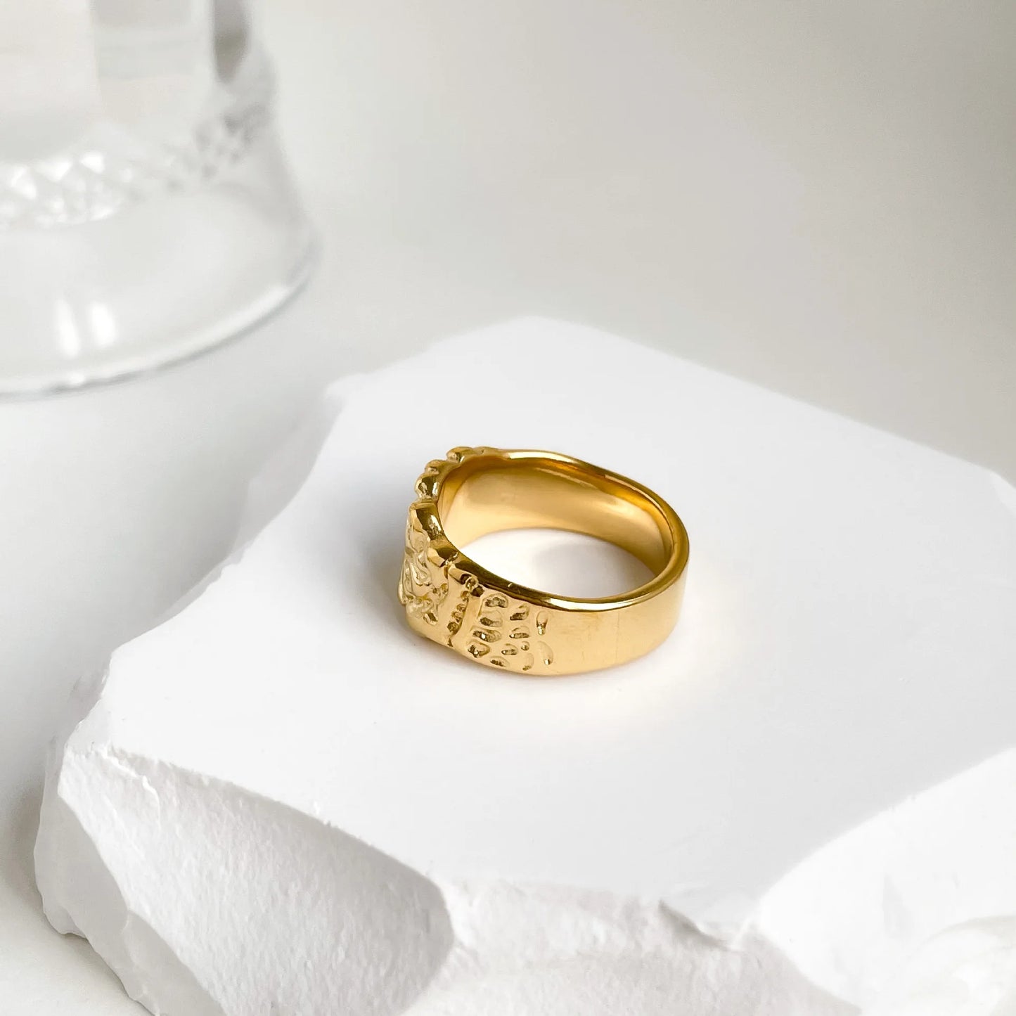 Gold-plated stainless steel lava ring, a radiant and unique accessory that effortlessly blends durability with modern opulence.