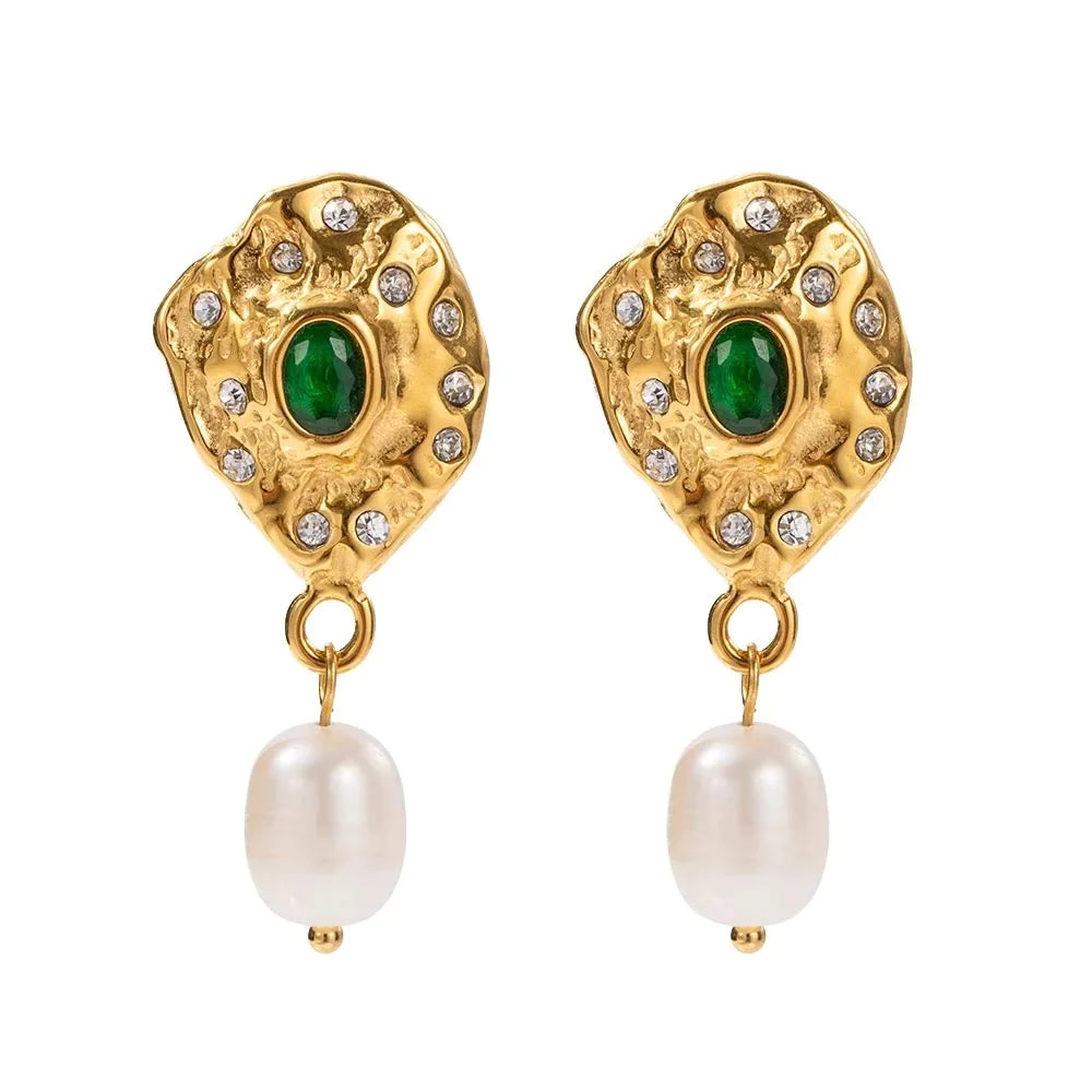 Light Luxury Pearl Zircon Earrings: Elegant 18K gold stainless steel earrings adorned with pearls and zircons.