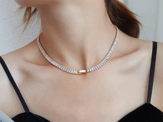 18K Gold Plated Stainless Steel Choker Necklace adorned with a shimmering full zircon chain—a blend of luxury and timeless elegance for the modern woman.