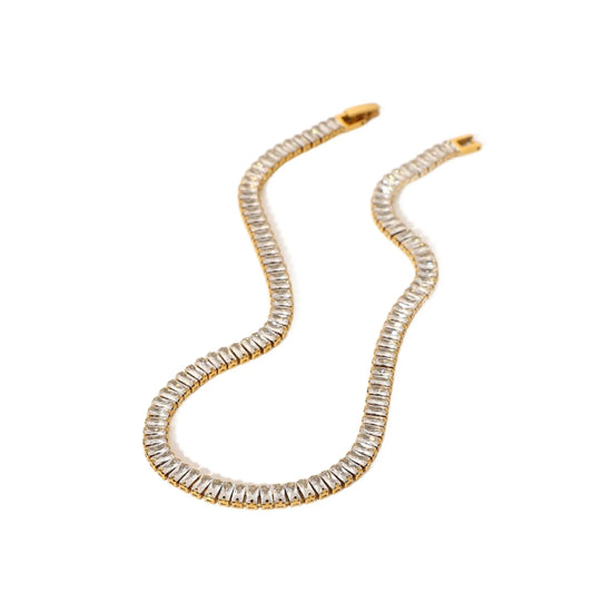 18K Gold Plated Stainless Steel Choker Necklace adorned with a shimmering full zircon chain—a blend of luxury and timeless elegance for the modern woman.