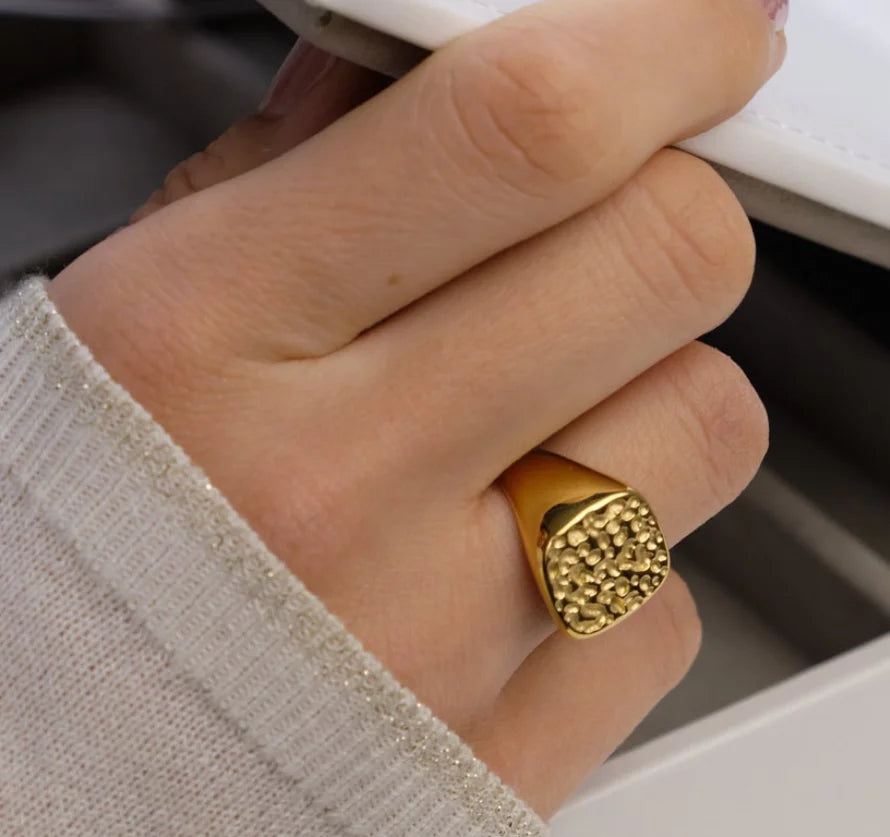 Stainless steel 18K gold plated ring featuring a celestial-inspired Meteor Sky Moon Surface Crater design, showcasing a perfect fusion of durability and opulence for a uniquely elegant accessory